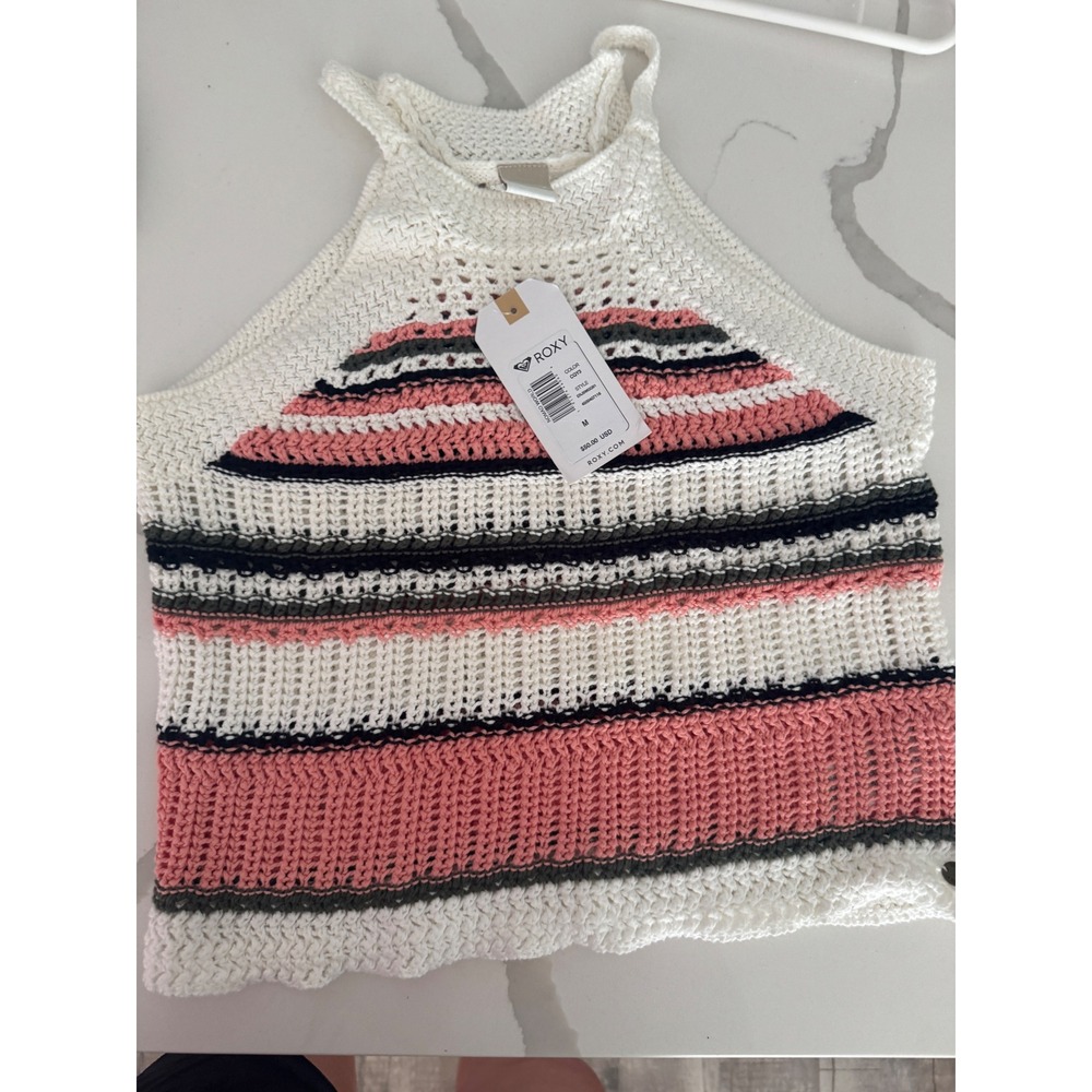 Roxy Nomad World Crochet Halter Top Striped Open Knit Tank  Multi M